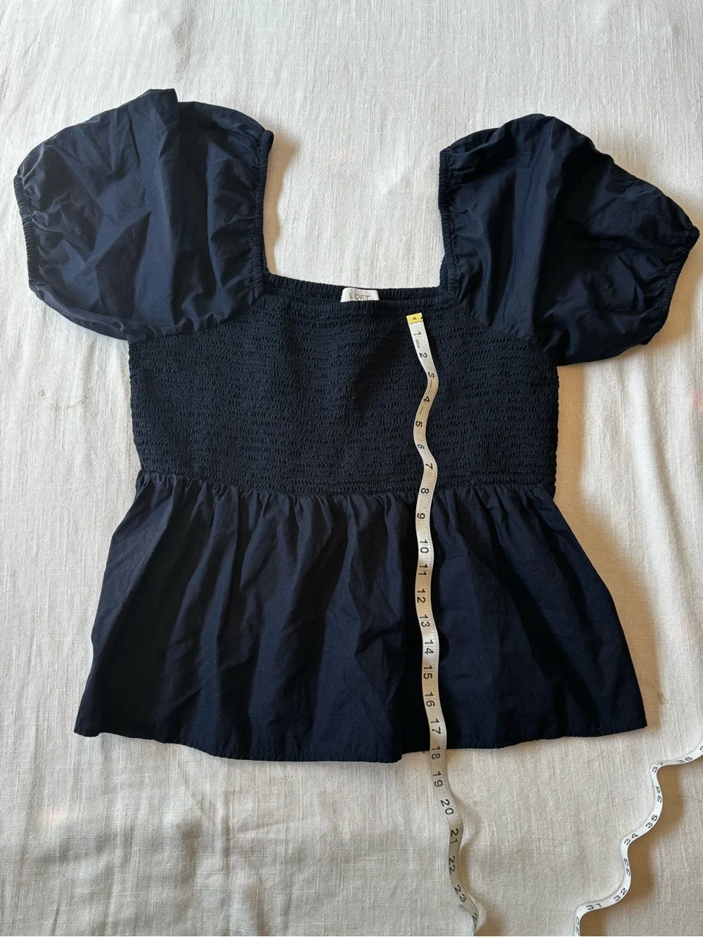 LOFT Navy Square-Neck Cotton Smocked Peplum Puff Sleeve Top Size Large